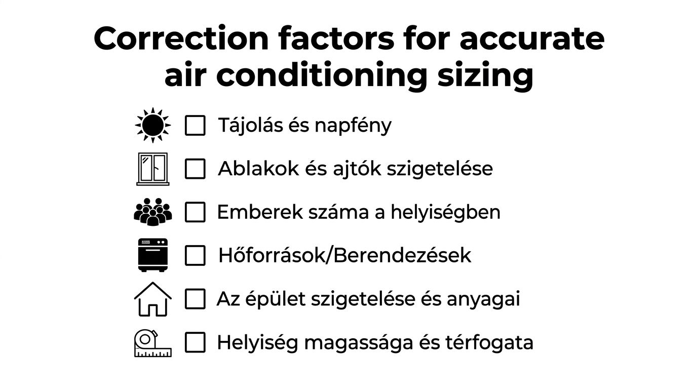 A klímaberendezés méretezését befolyásoló legfontosabb tényezők listája infografikán szemléltetve a pontos tervezéshez.