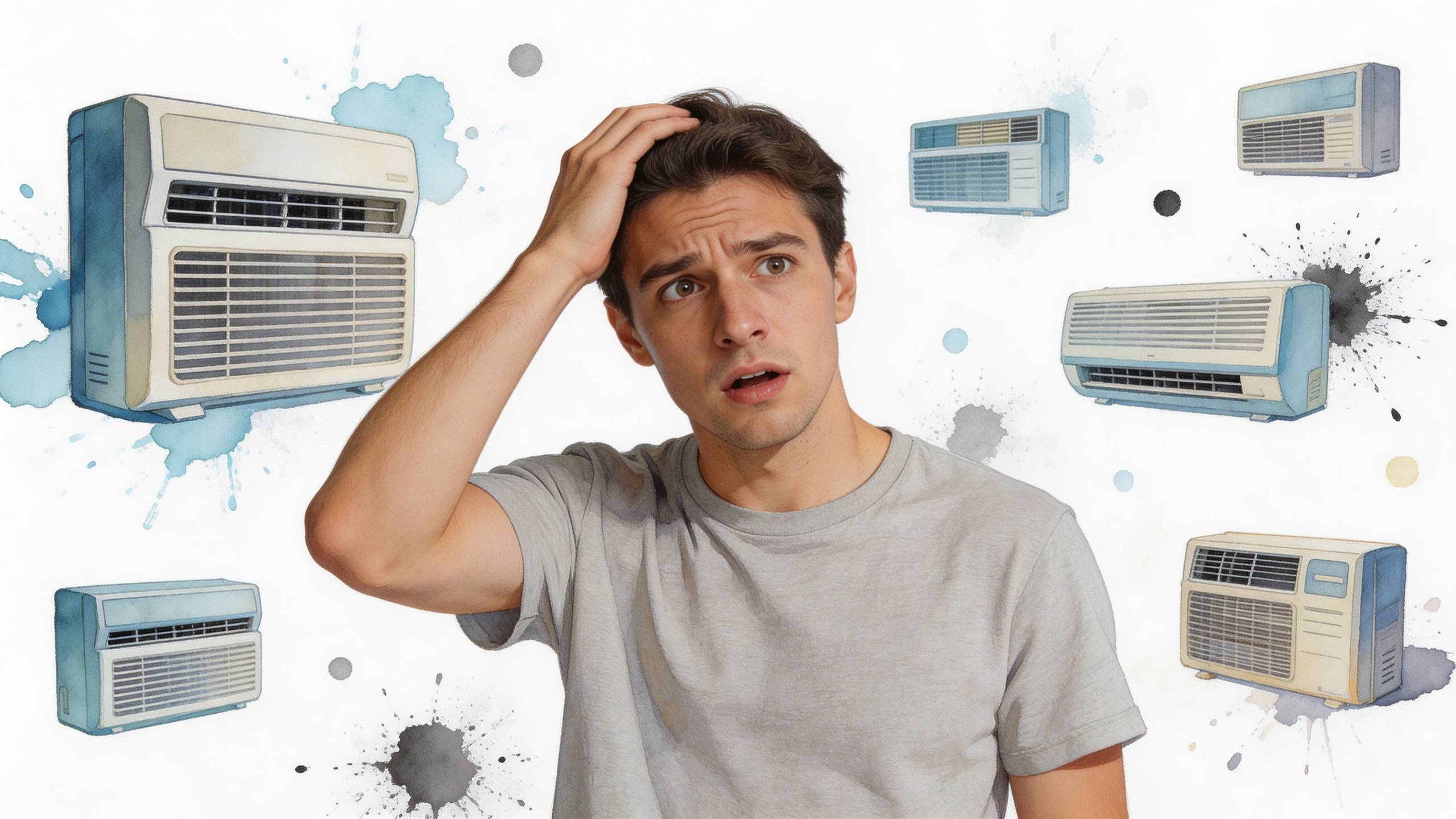 Egy zavarodott fiatal férfi, aki körül számos különböző típusú, illusztrált fali légkondicionáló berendezés lebeg a fehér háttér előtt.