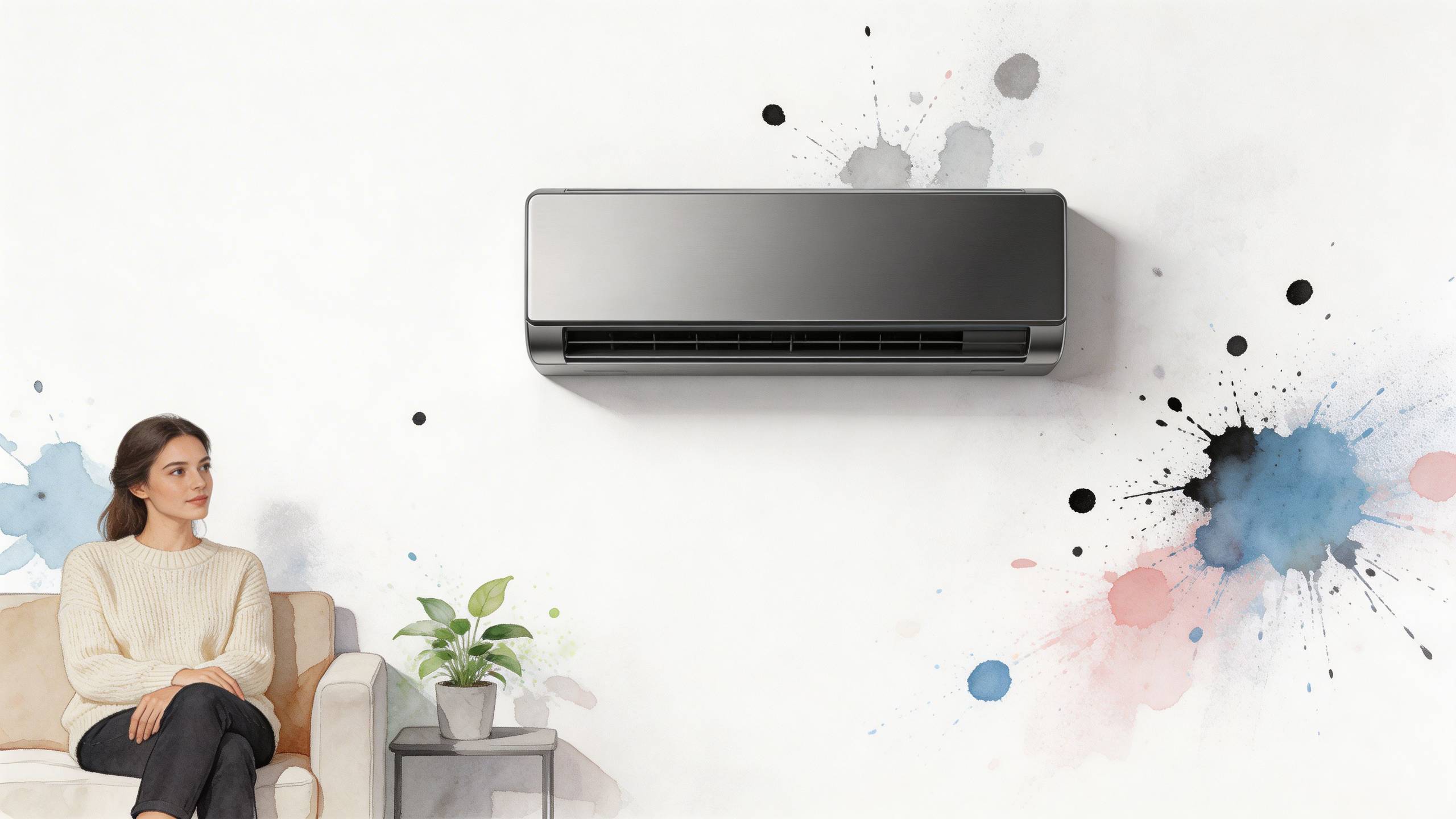 Egy fiatal nő kényelmesen ül a kanapén egy modern, stílusos, sötétszürke fali légkondicionáló berendezés alatt a nappaliban.