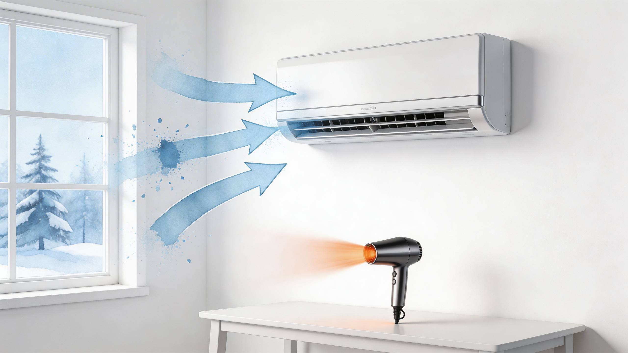 Egy fali Gree klímaberendezés látható egy szobában, mellette egy hajszárító sugároz meleget a téli ablak előtt.