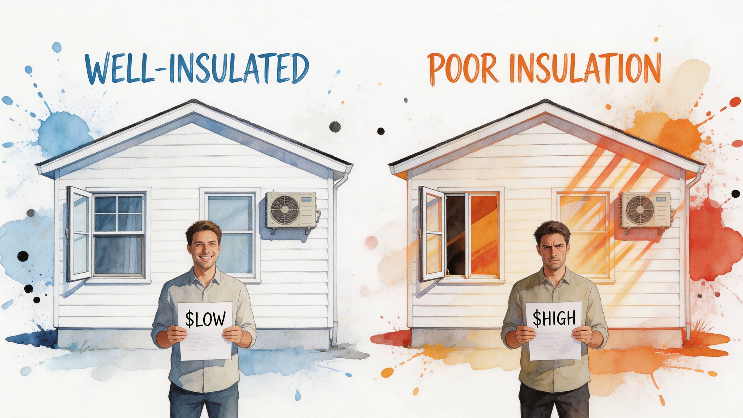 Összehasonlító ábra egy jól szigetelt és egy rosszul szigetelt házról, eltérő klímahasználati költségekkel és elégedett háztulajdonossal.