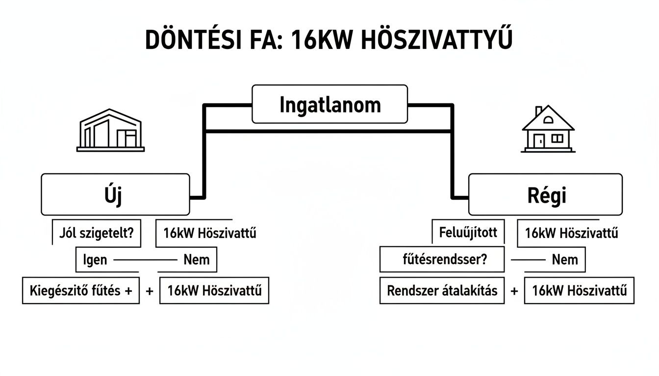 Döntési fa a 16kW-os hőszivattyú kiválasztásához új és régi ingatlanok esetében.