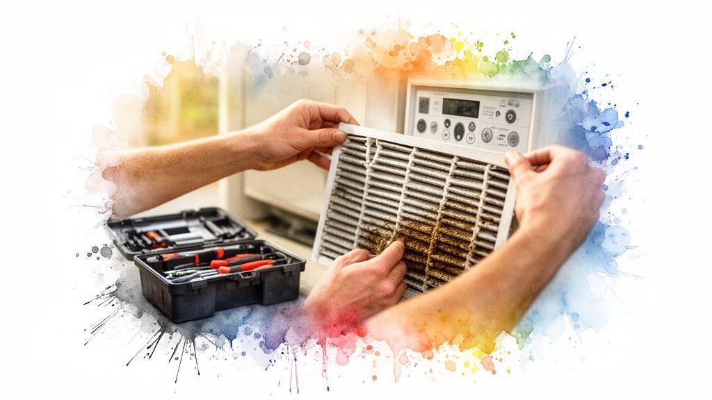 Koszos levegőszűrőt tartó kezek egy klímaberendezés előtt, mellette szerszámosláda. A kép karbantartást és tisztítást sugall.