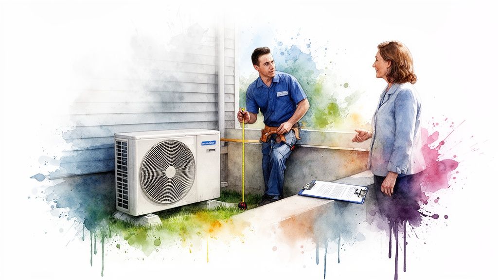 Szerelő mérőszalaggal egy hőszivattyú mellett, beszélget egy nővel a ház előtt.