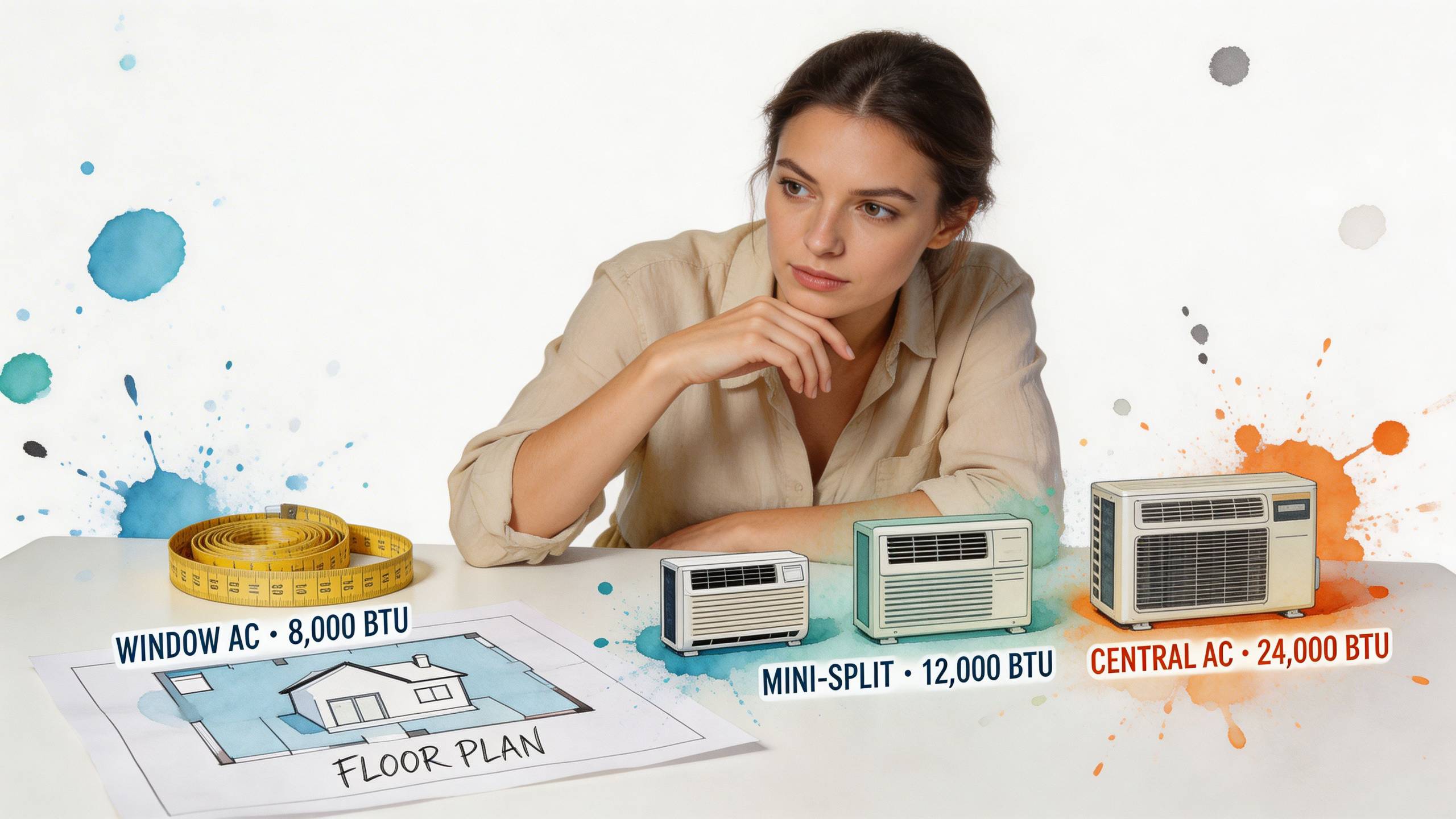 Egy fiatal nő a különböző teljesítményű légkondicionáló berendezések kiválasztásán és a lakás alaprajzán gondolkodik.
