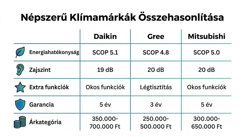 Összehasonlító táblázat a Daikin, Gree és Mitsubishi klímamárkák főbb jellemzőiről, mint energiahatékonyság, zajszint és garancia.
