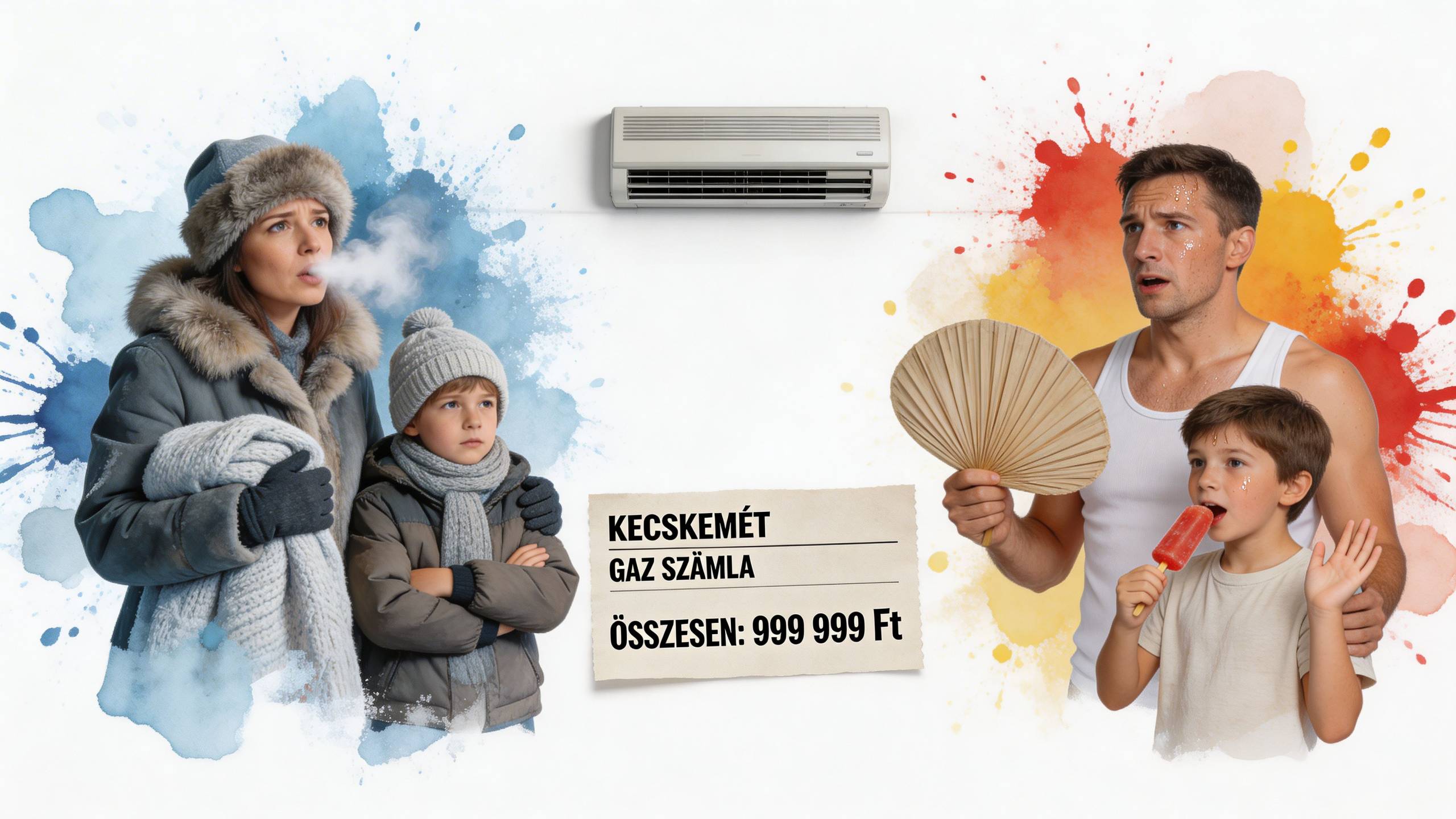 Egy család téli és nyári helyzete, amely a fűtési és hűtési költségek közötti különbséget szemlélteti klíma mellett.