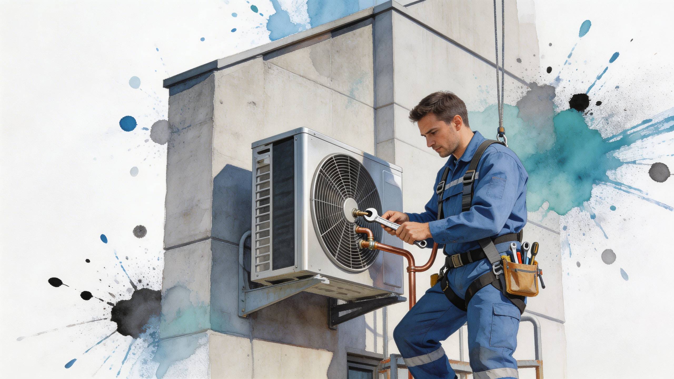 Szakember éppen fűtésre optimalizált klímaberendezést szerel fel egy épület külső falára, biztonsági hevederben, professzionális szerszámokkal.