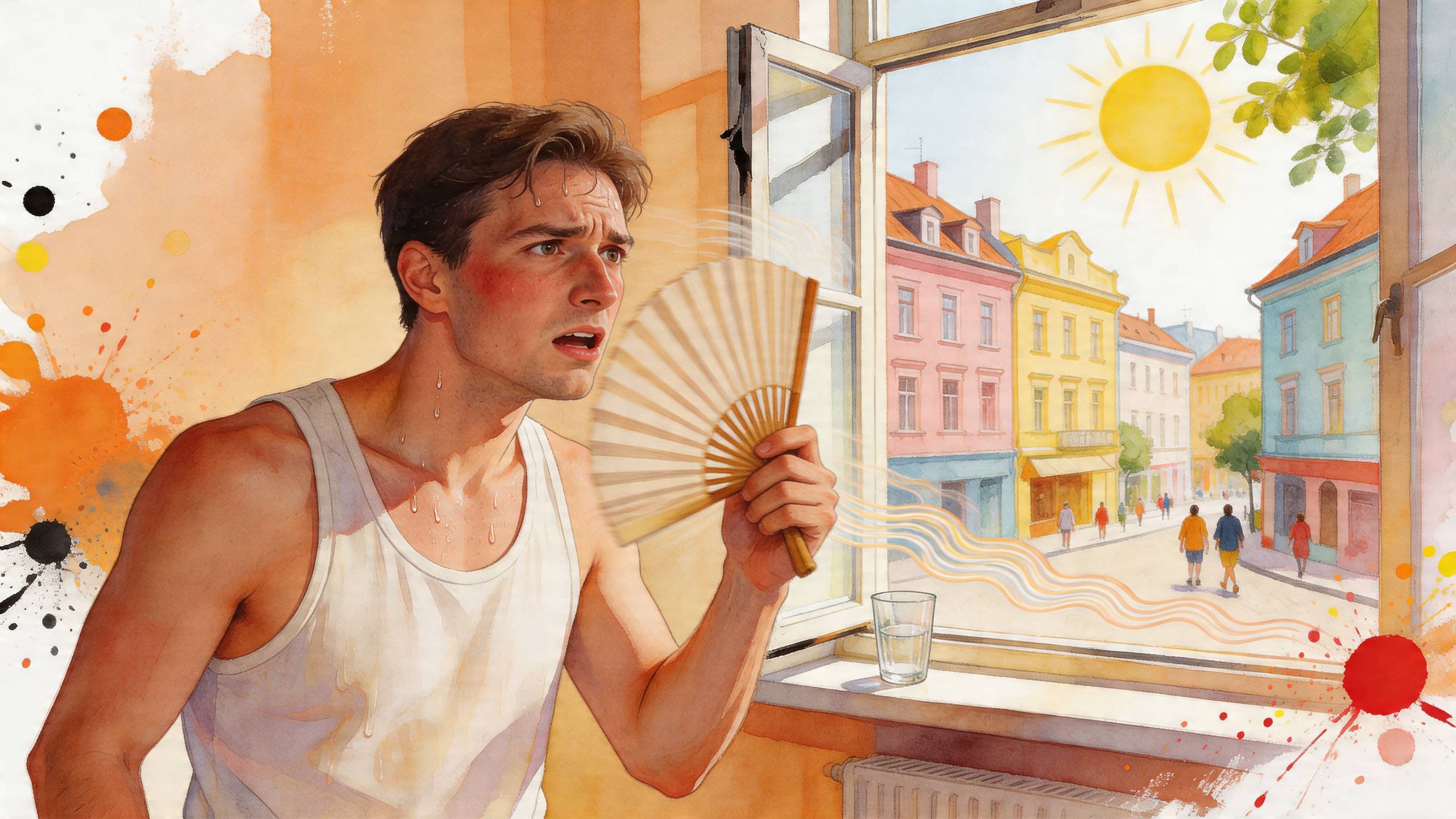 Egy izzadt, kánikulától szenvedő fiatalember legyezővel próbál hűsölni a meleg, napos nyári napon otthonában.