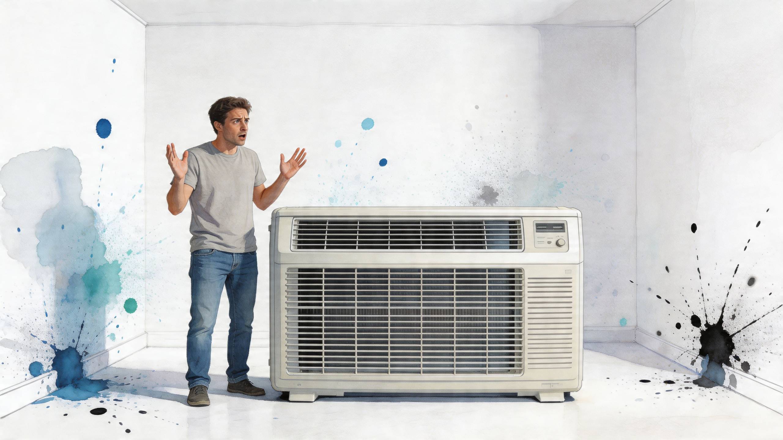 Egy döbbent férfi egy szobában áll egy hibás, festéket spriccelő légkondicionáló berendezés mellett, amely előtt értetlenül áll.