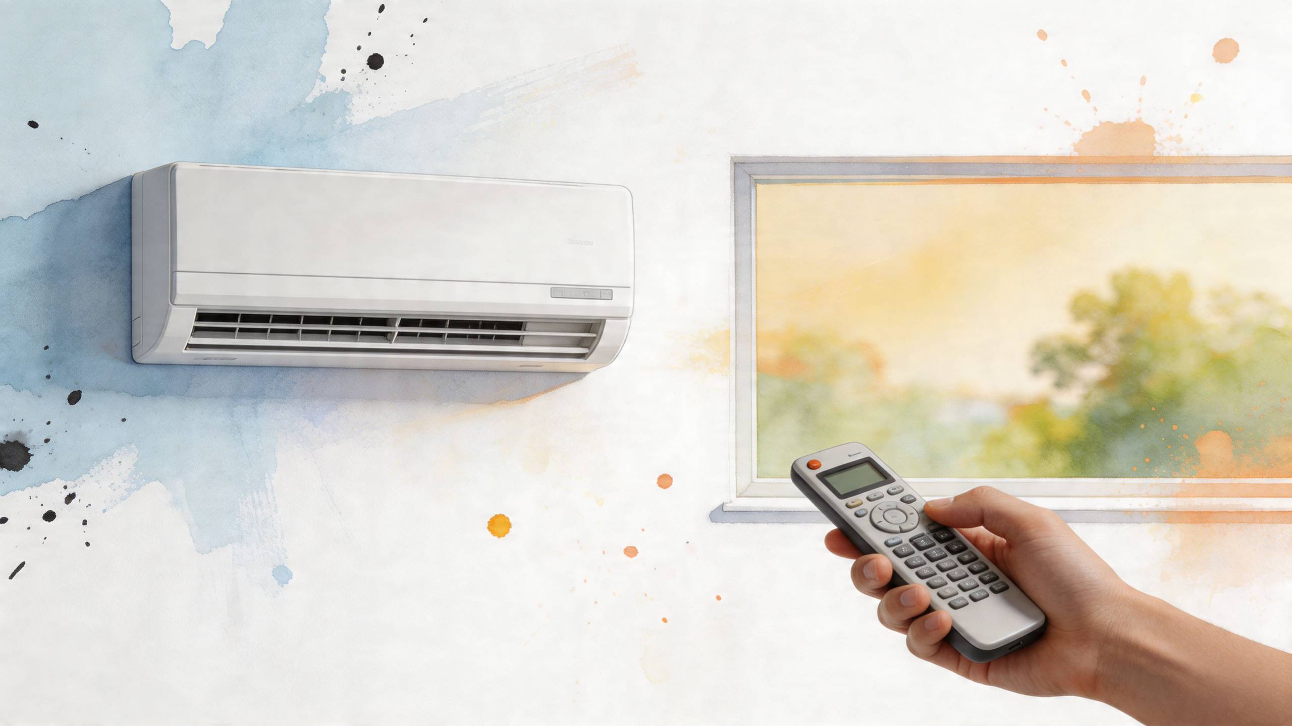 Egy kéz éppen egy légkondicionáló berendezést irányít a távirányítóval egy modern szobában, a falon művészi festékfoltokkal.