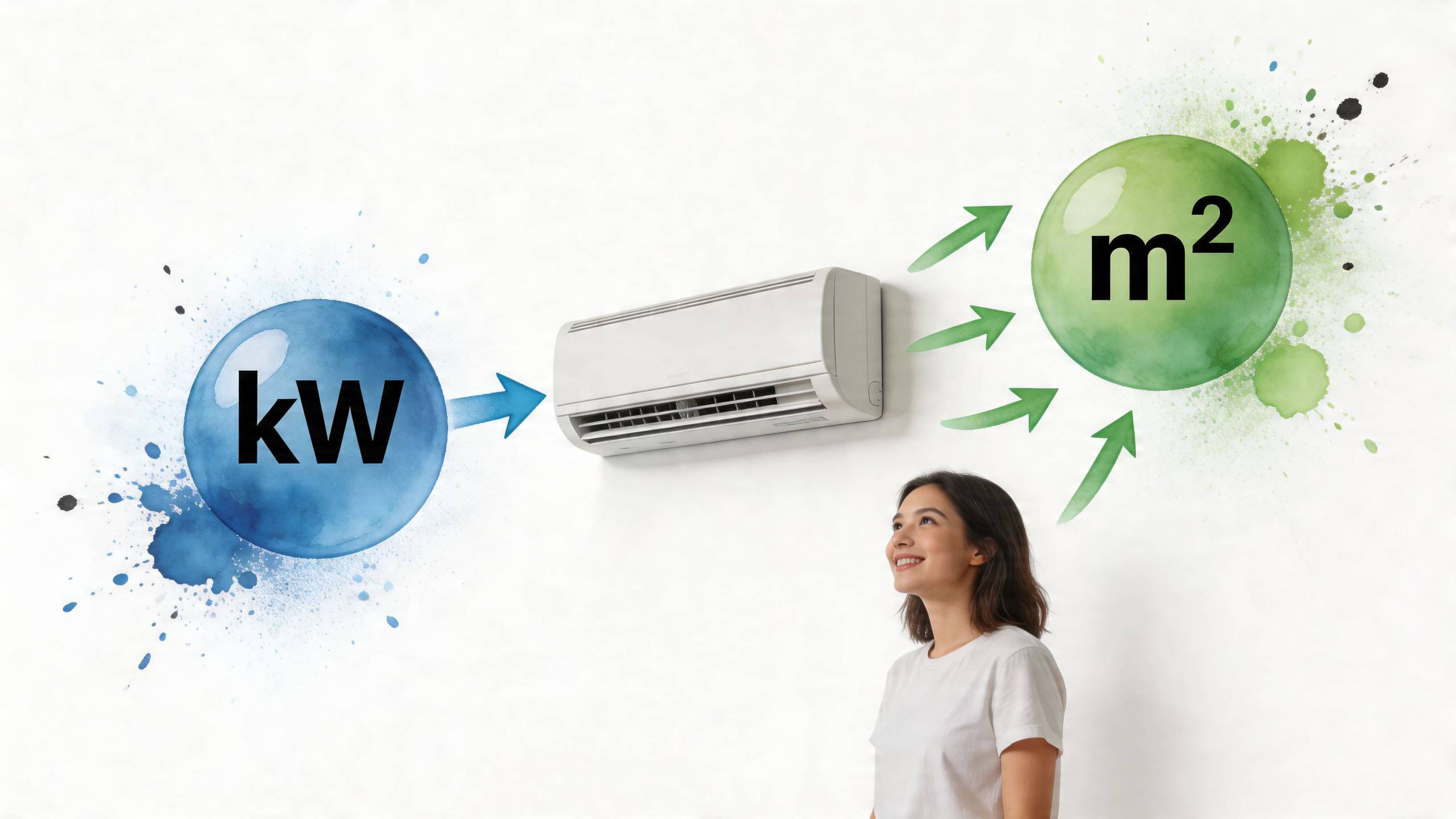Egy fiatal nő egy légkondicionáló berendezés mellett áll, amely a teljesítmény és a hűtendő terület kapcsolatát mutatja be.