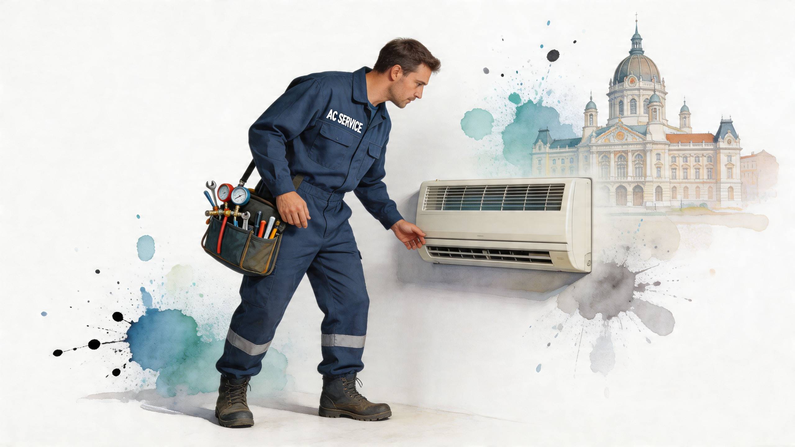 Szerelő a klímaberendezést vizsgálja, háttérben a kecskeméti városháza épületének művészi stílusú akvarell rajzával illusztrálva.