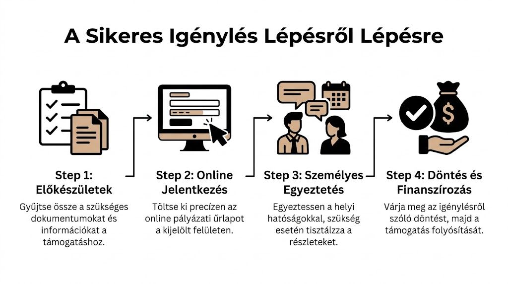 A sikeres igénylési folyamat négy lépése: előkészületek, online jelentkezés, személyes egyeztetés és a támogatás finanszírozása.