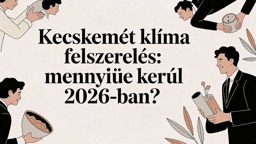 Illustrated banner with bold Hungarian text about Kecskemét climate equipment costs in 2026; people in business attire on the edges.