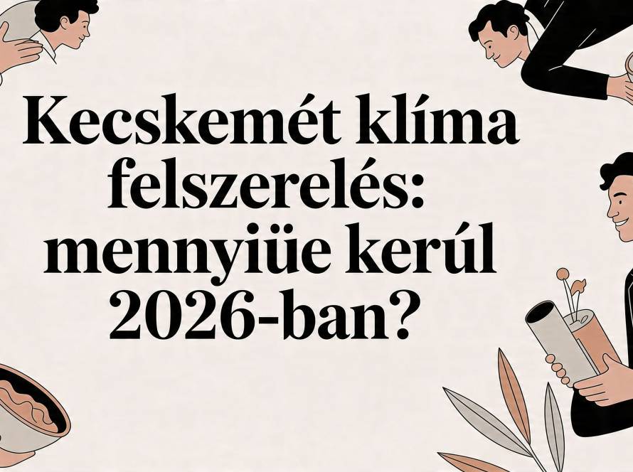 Illustrated banner with bold Hungarian text about Kecskemét climate equipment costs in 2026; people in business attire on the edges.