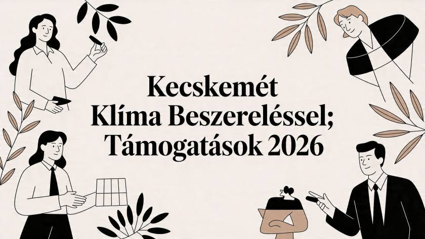 Banner in Hungarian reading 'Kecskemét Klíma Beszereléssel; Támogatások 2026' with illustrated people and leaves around it.