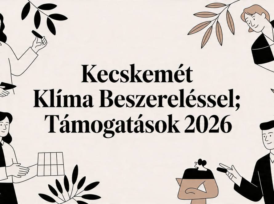 Banner in Hungarian reading 'Kecskemét Klíma Beszereléssel; Támogatások 2026' with illustrated people and leaves around it.