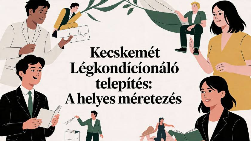 Banner illustration about Kecskemét air‑conditioning installation and proper sizing, with professionals discussing plans.