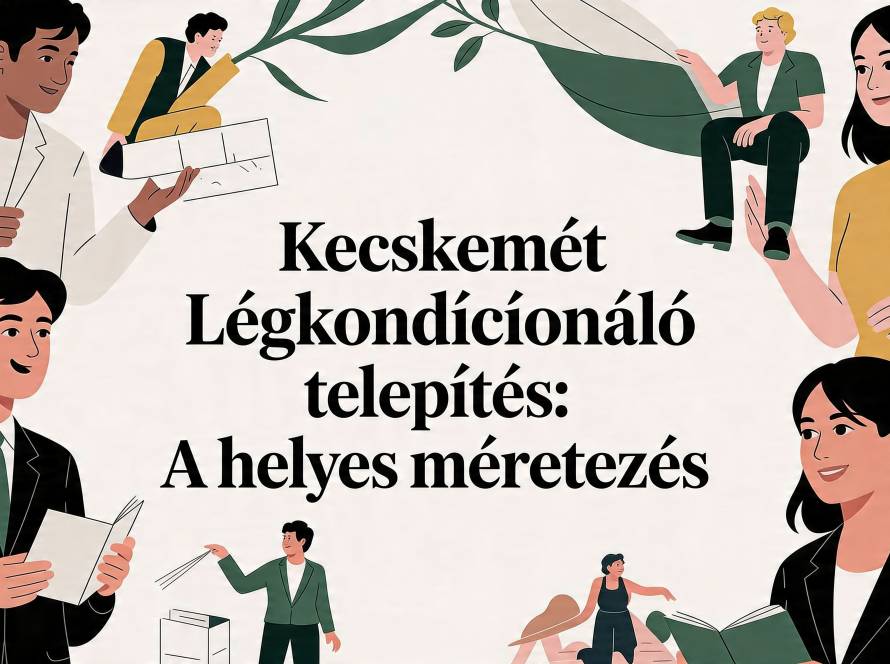 Banner illustration about Kecskemét air‑conditioning installation and proper sizing, with professionals discussing plans.