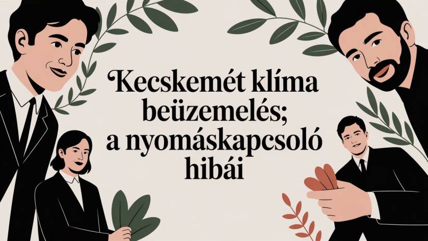 Decorative banner with four business-clad figures and leafy branches surrounding a large headline about air conditioner commissioning and pressure switch faults.