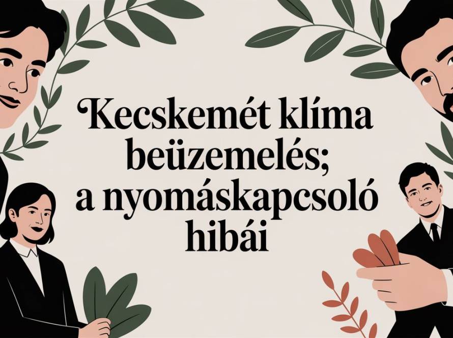 Decorative banner with four business-clad figures and leafy branches surrounding a large headline about air conditioner commissioning and pressure switch faults.