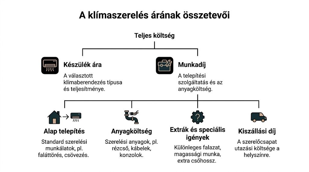 A klímaszerelés teljes költségének összetevőit bemutató folyamatábra, amely tartalmazza a készülék árát, a munkadíjat és az egyéb telepítési költségeket.