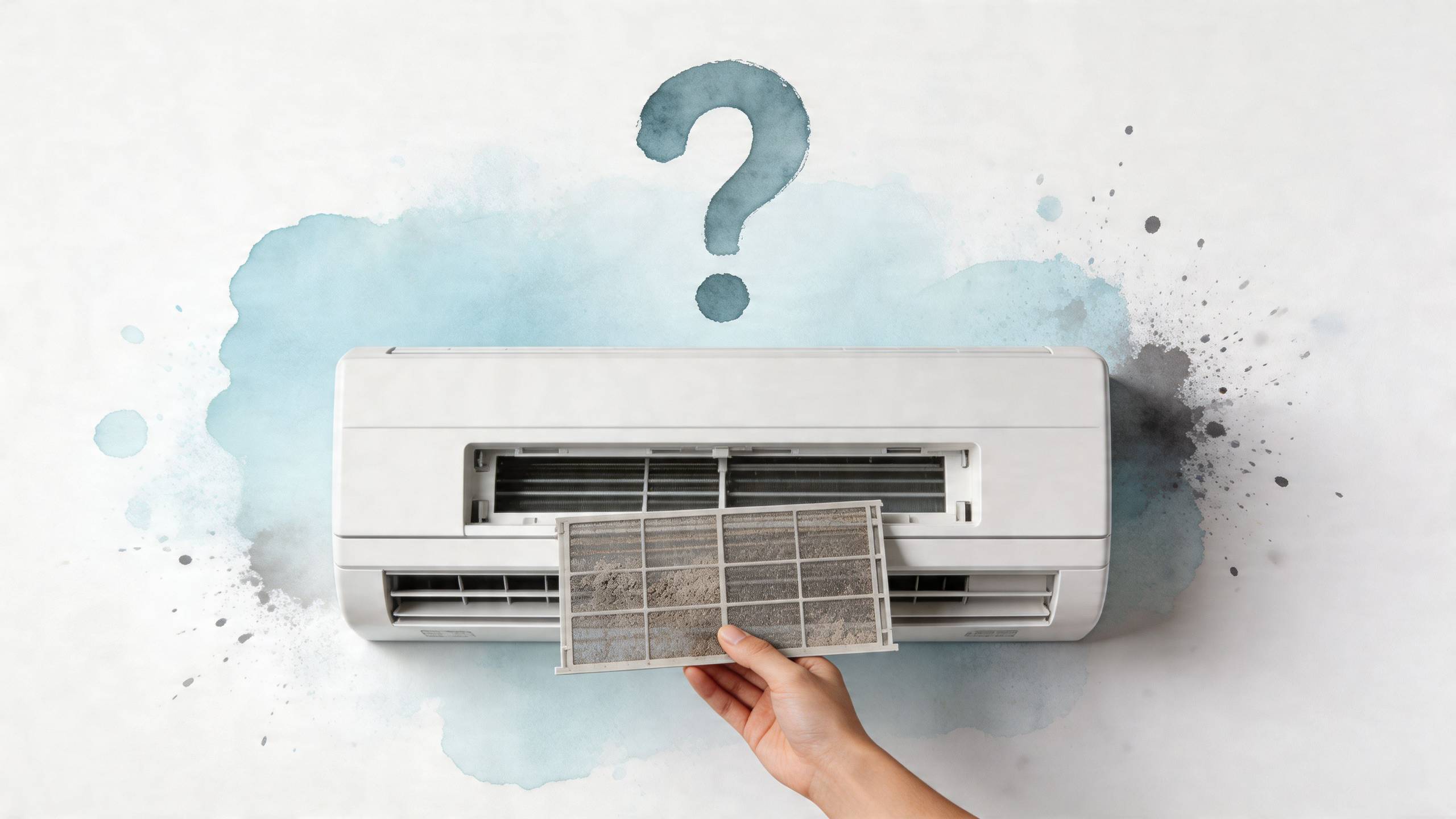 Egy kéz éppen egy poros klímaszűrőt húz ki a légkondicionáló berendezésből a karbantartás elvégzéséhez.