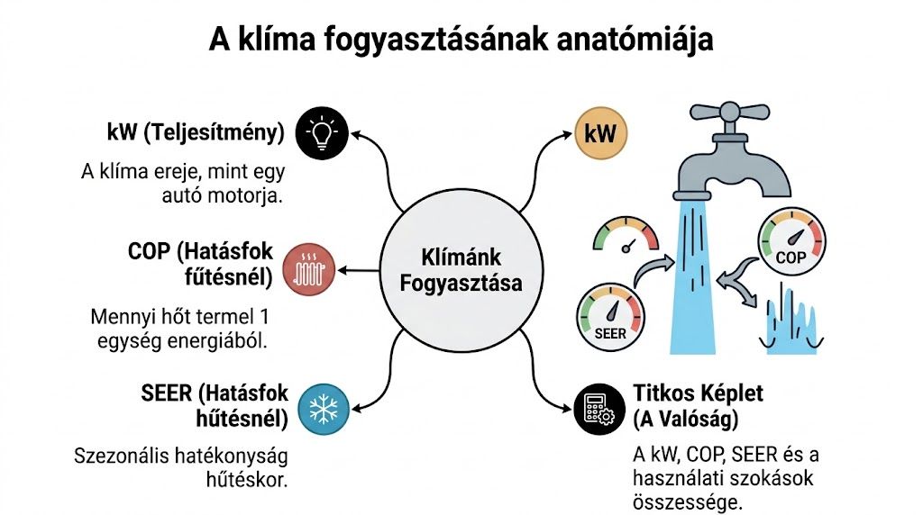 Infografika a klímaberendezések energiafogyasztását befolyásoló legfontosabb tényezőkről, mint a kW teljesítmény, COP és SEER értékek.