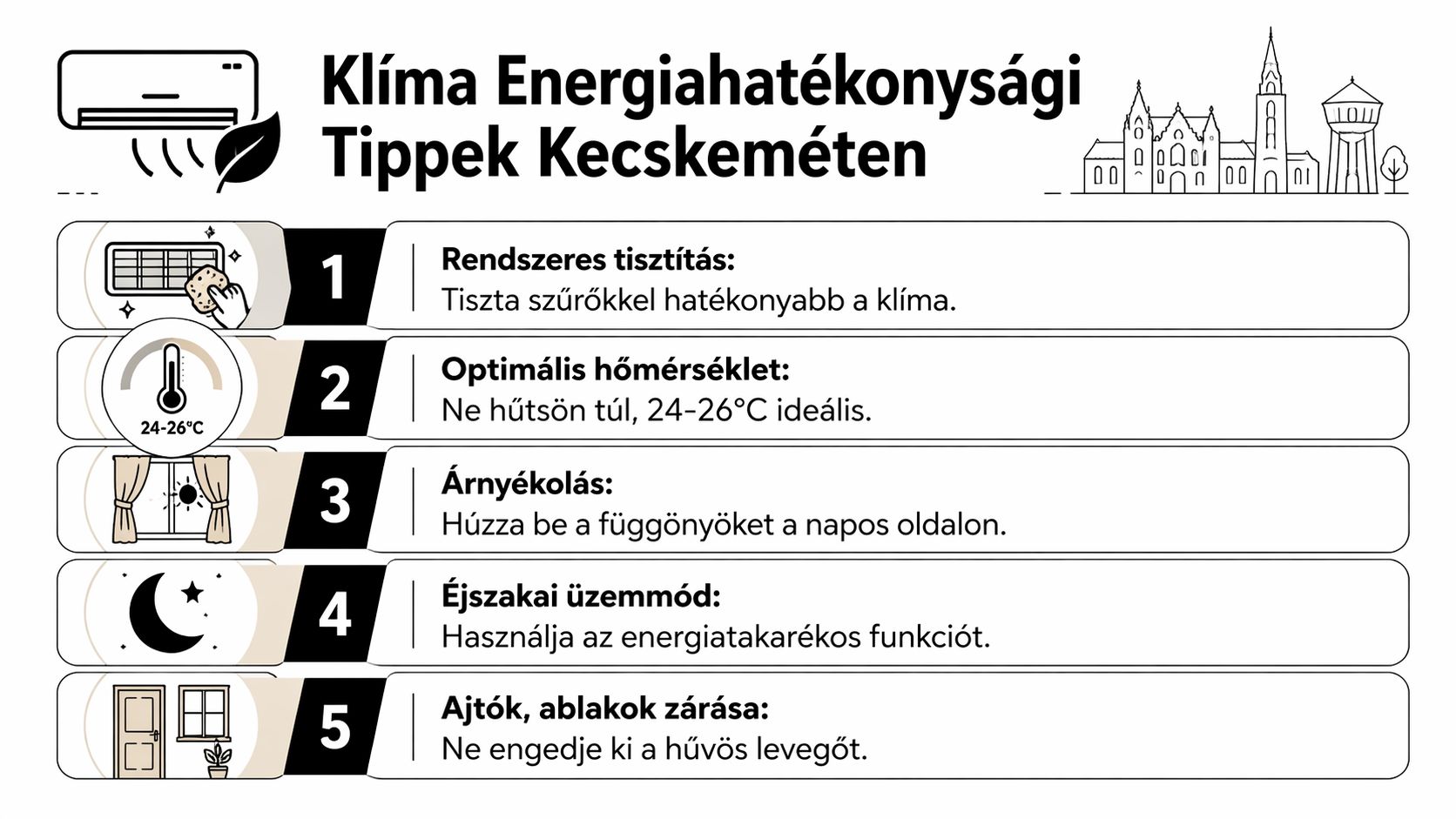 Infografika hasznos tippekkel a klíma energiahatékony használatához Kecskeméten az otthoni energiatakarékosság jegyében.