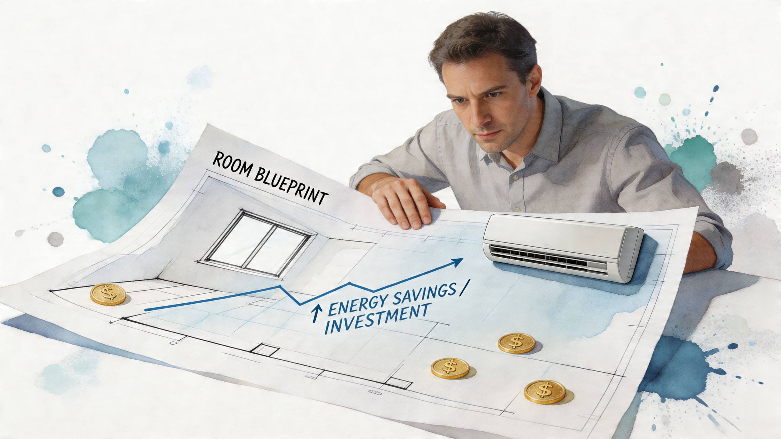 Egy szakember a szoba alaprajzát vizsgálja, amelyen egy klímaberendezés és energiamegtakarításra utaló pénzérmék láthatók.