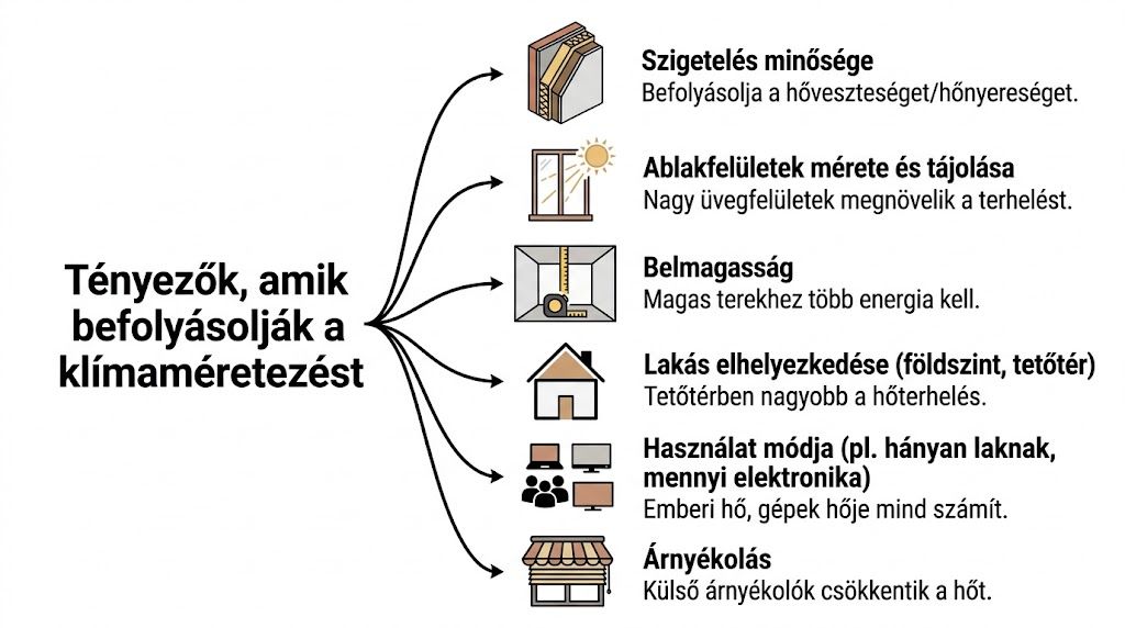 Infografika, amely bemutatja a légkondicionáló méretezését befolyásoló legfontosabb tényezőket, mint a szigetelés, az ablakok és az árnyékolás.