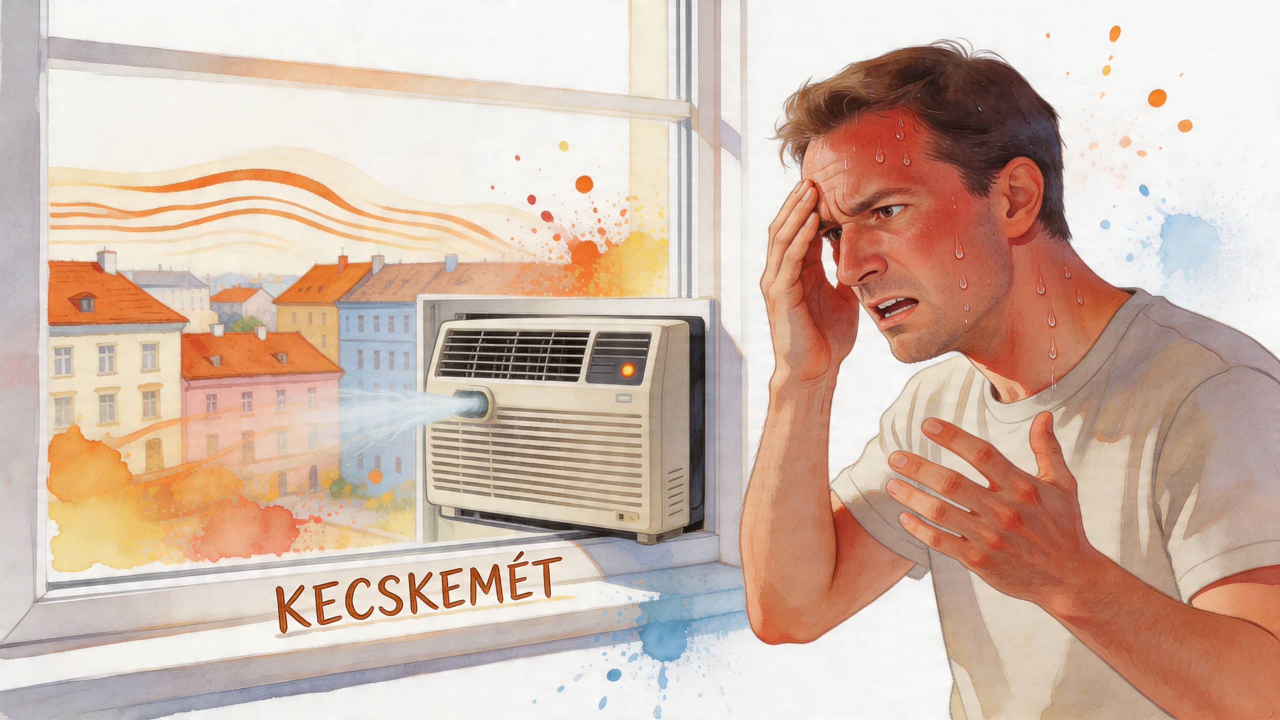 Egy izzadt férfi panaszkodik a hőségre egy ablakkal ellátott Kecskemét feliratú légkondicionáló berendezés mellett a szobában.