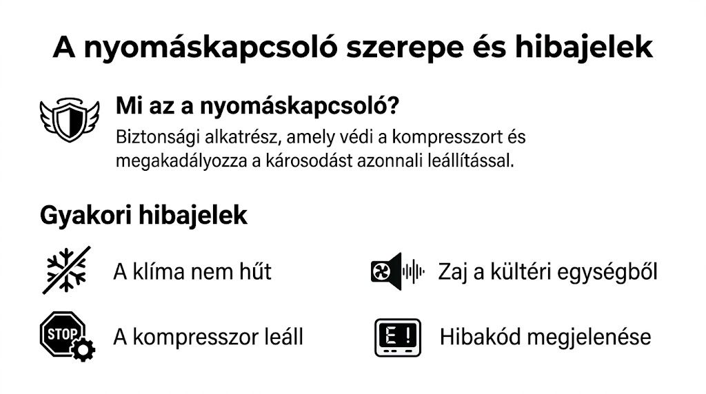 A nyomáskapcsoló szerepét és a kompresszor meghibásodásának gyakori jeleit bemutató informatív tájékoztató ábra légkondicionáló berendezésekhez.