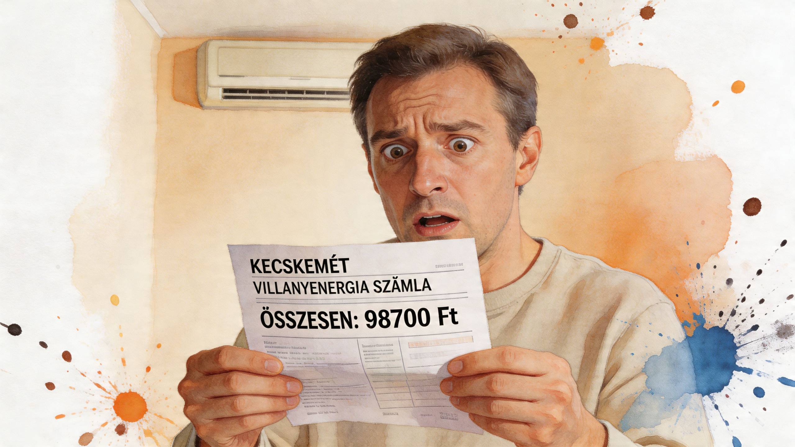 Egy döbbent férfi egy magas villanyszámlát tart a kezében, miközben a háttérben egy légkondicionáló látható.