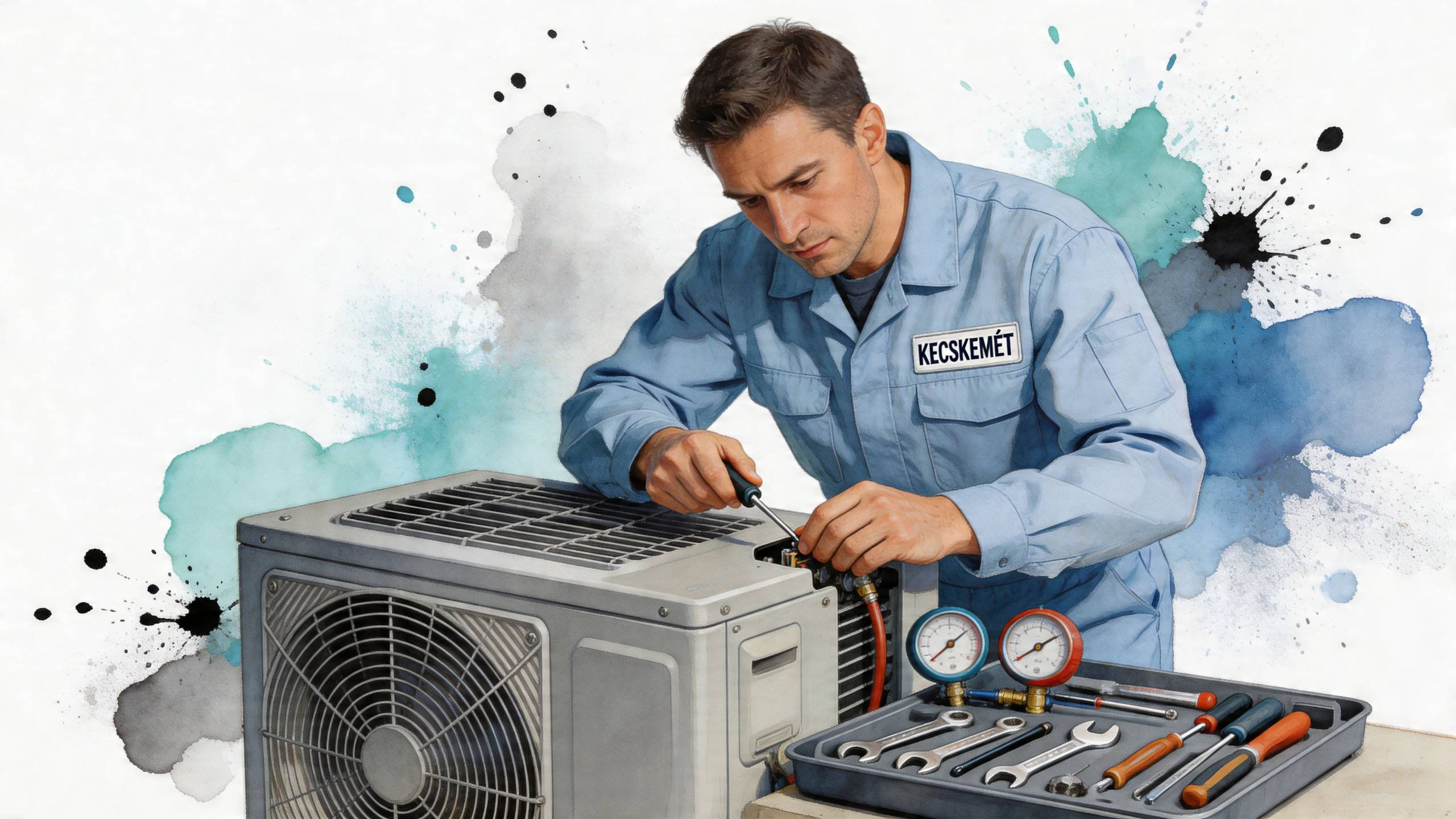 Egy szerelő éppen egy légkondicionáló berendezést javít Kecskeméten, miközben szerszámok és mérőműszerek hevernek mellette az asztalon.