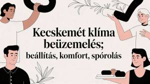 Illustrated banner with people holding a large pipe and a Hungarian headline about air conditioning installation and comfort.