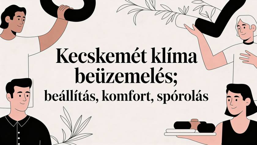 Illustrated banner with people holding a large pipe and a Hungarian headline about air conditioning installation and comfort.