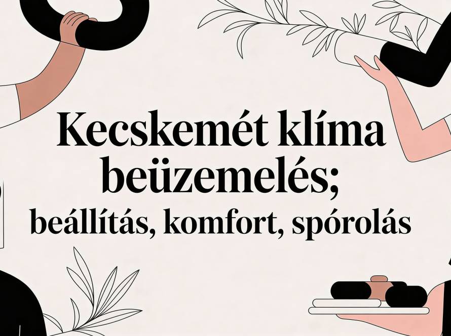 Illustrated banner with people holding a large pipe and a Hungarian headline about air conditioning installation and comfort.