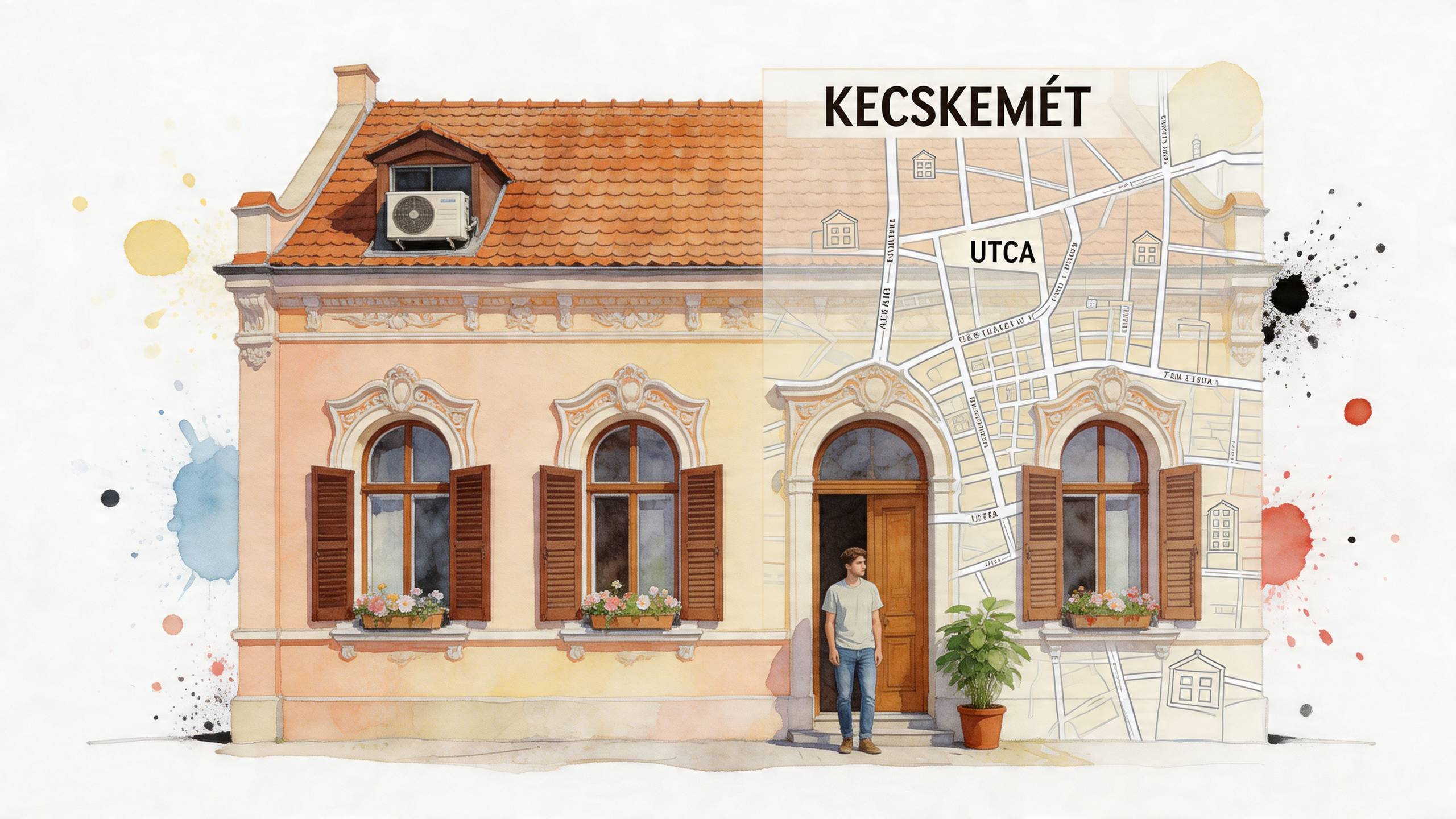 Egy fiatal férfi áll egy kecskeméti történelmi épület előtt, melyen részben építészeti tervrajz és klímaberendezés látható.