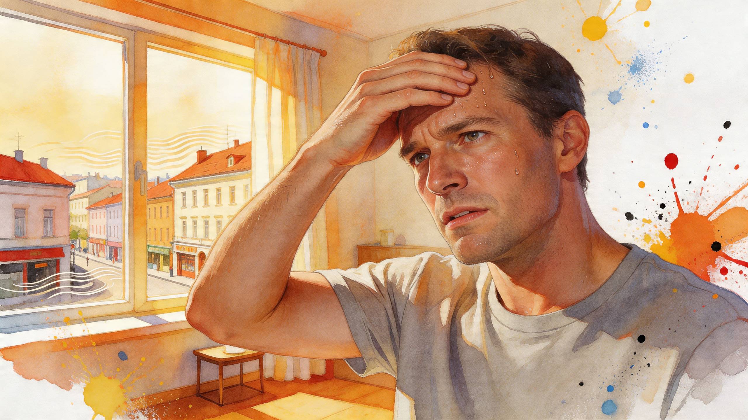 Egy izzadt, kényelmetlenül érző férfi az ablak mellett állva a hőséget próbálja elviselni a forró nyári napon.