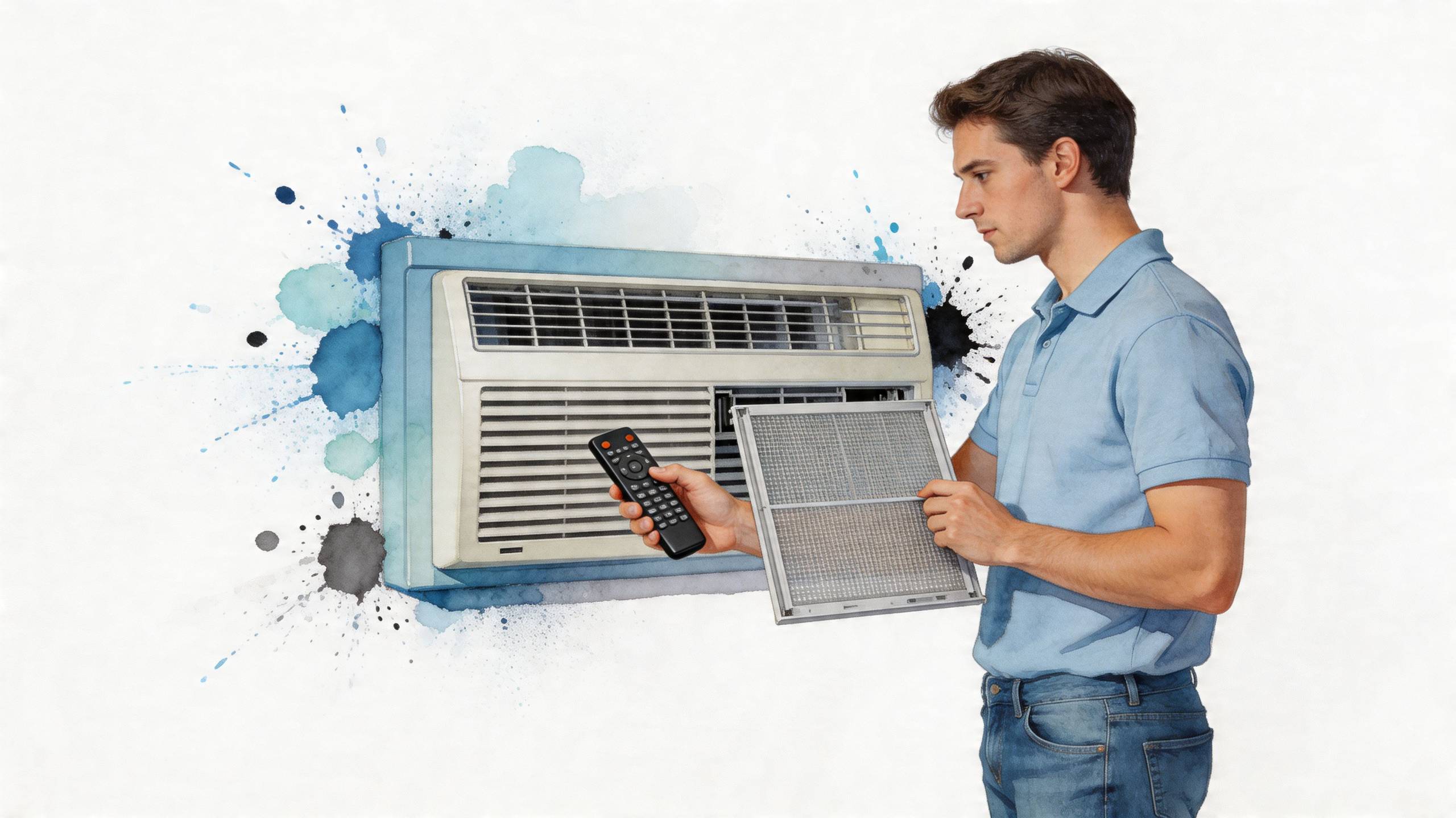 Egy fiatal szerelő éppen egy légkondicionáló szűrőjét tisztítja, miközben a távirányítót tartja a kezében munka közben.