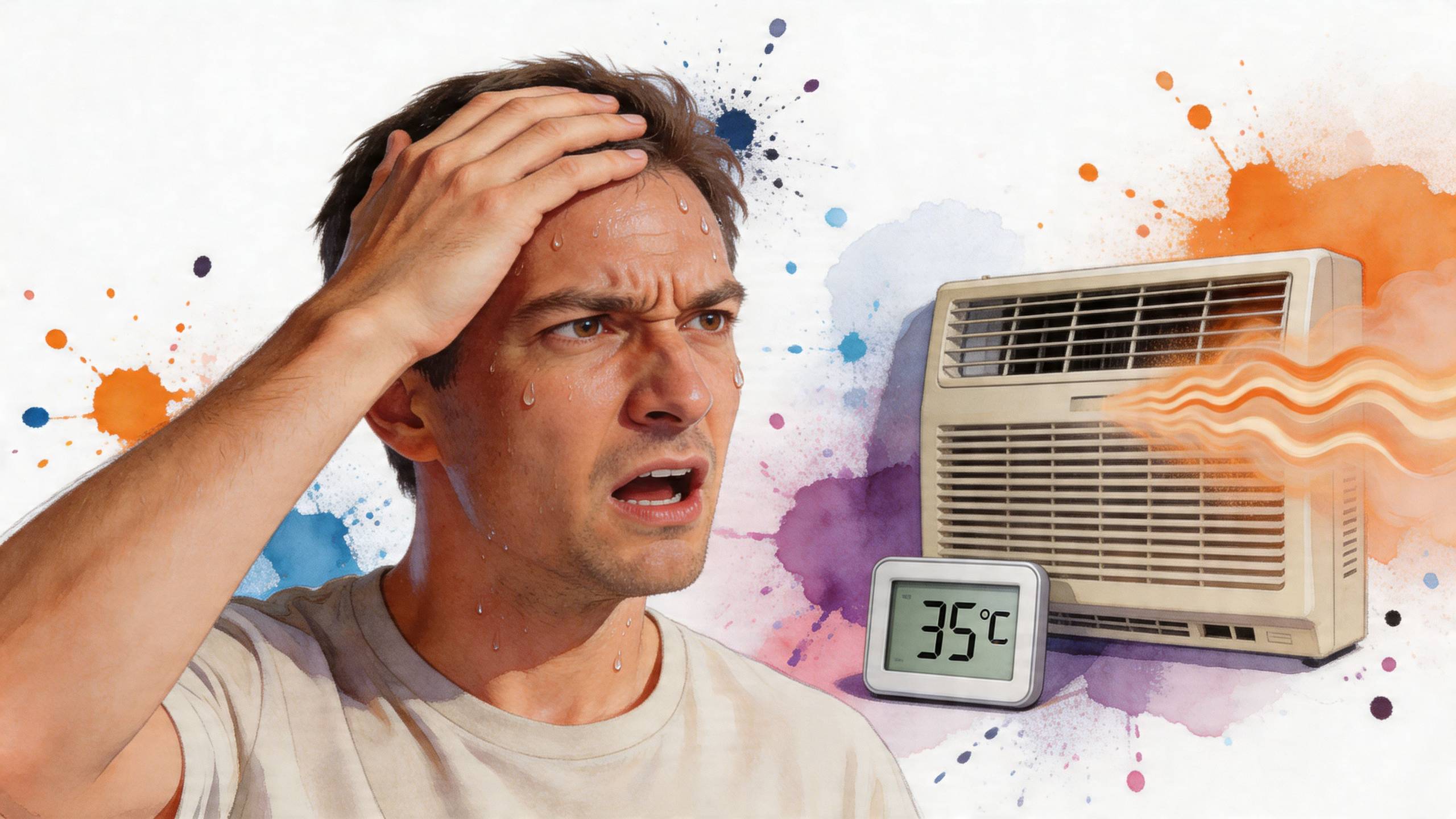 Egy aggódó, izzadt férfi egy klímaberendezés mellett áll, amely 35 fokos hőséget jelez a lakásban.