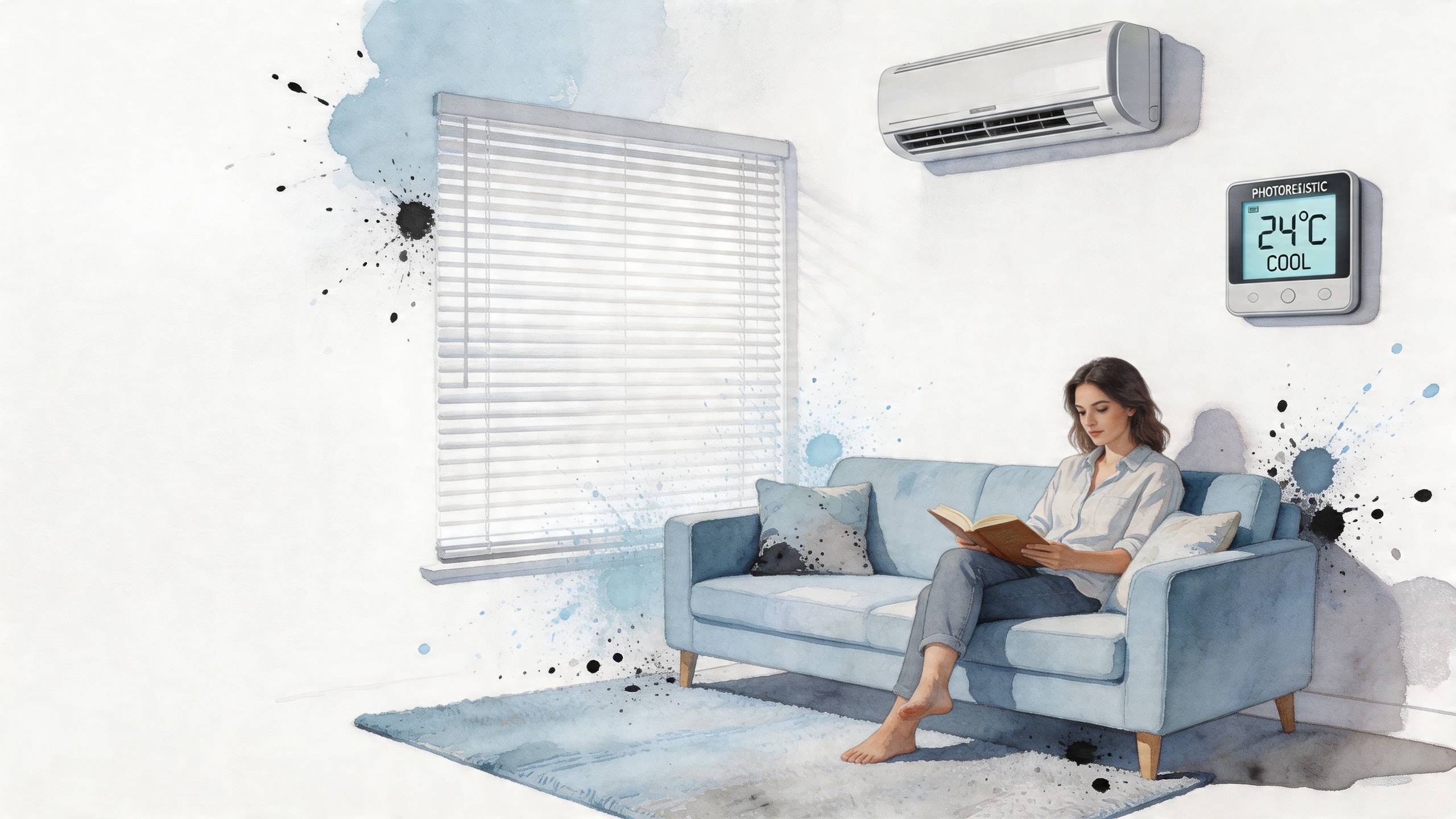 Egy fiatal nő könyvet olvas egy kényelmes kanapén egy kellemes hőmérsékletű, modern szobában, miközben légkondicionáló működik a falon.