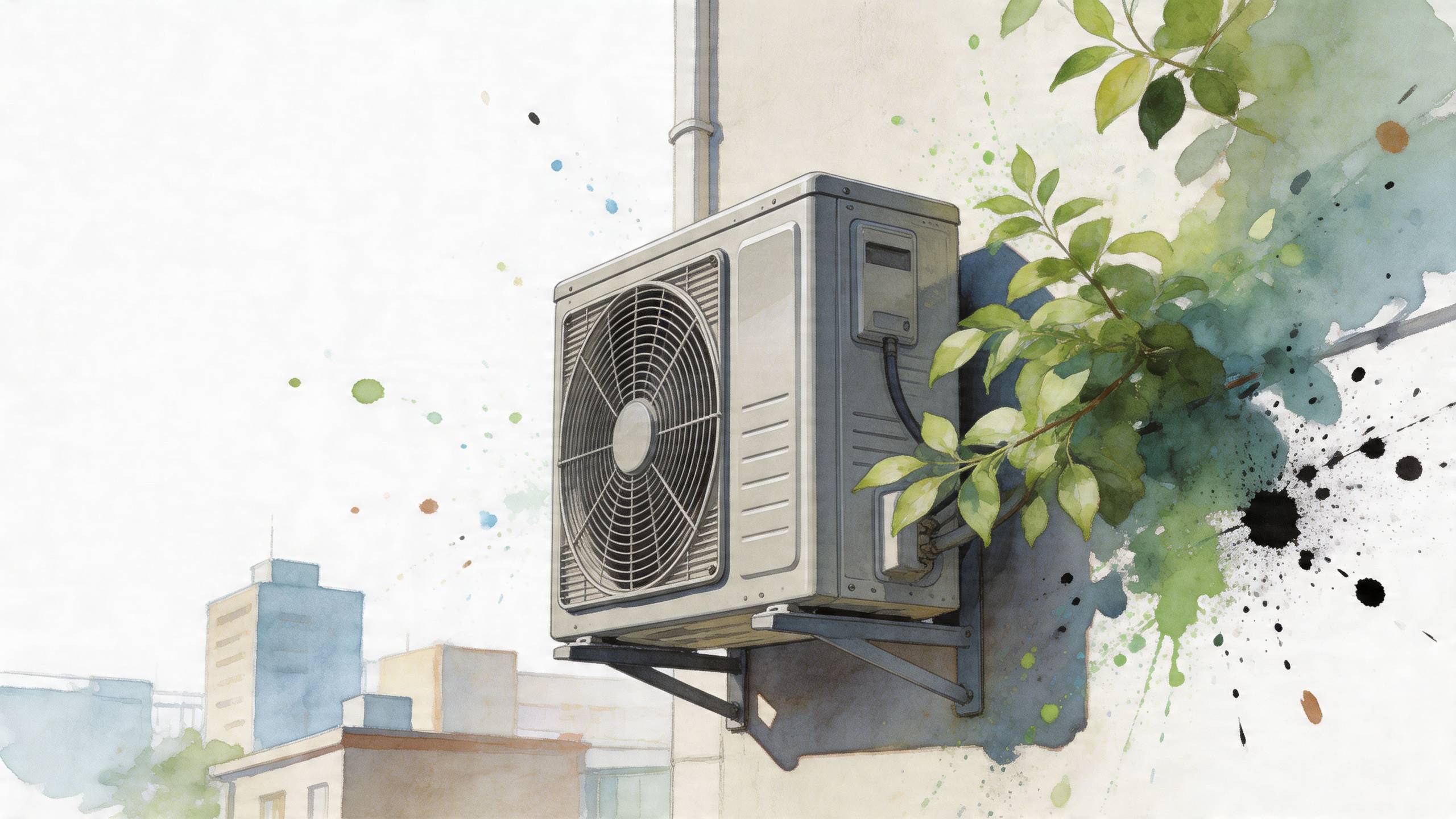 Egy külső klímaberendezés egysége a lakóház falára szerelve, mellette zöld leveles ágakkal és városi háttérrel.