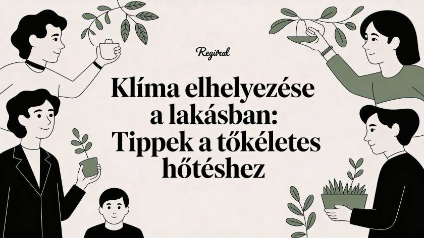 Illustrated poster of people exchanging potted plants around a bold Hungarian headline about bringing climate into the home.