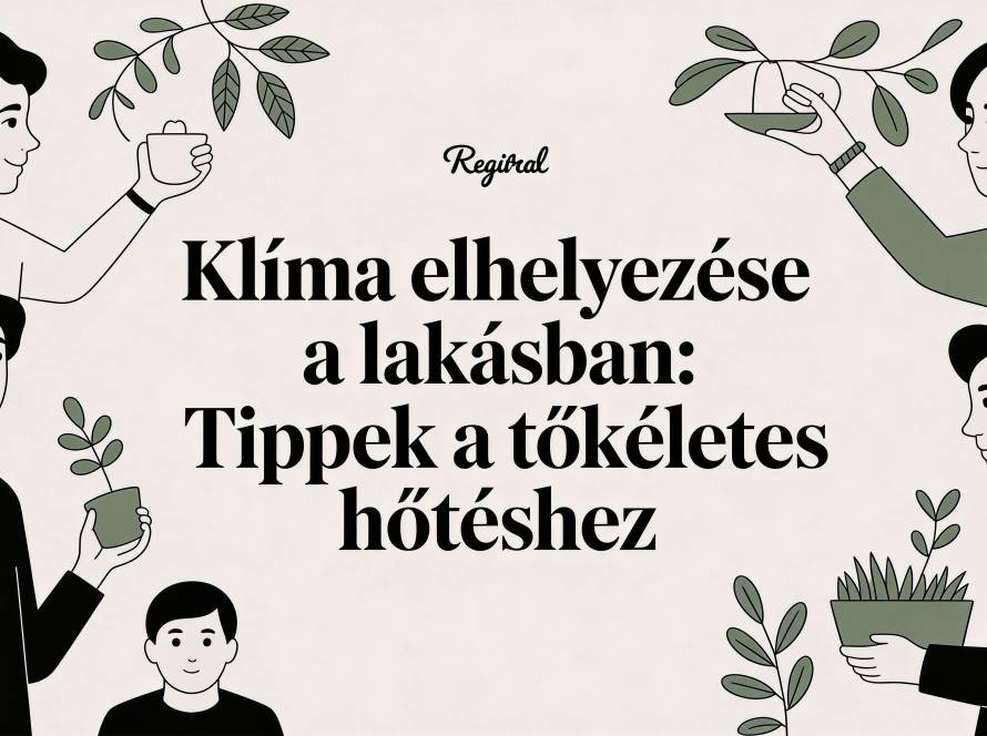 Illustrated poster of people exchanging potted plants around a bold Hungarian headline about bringing climate into the home.