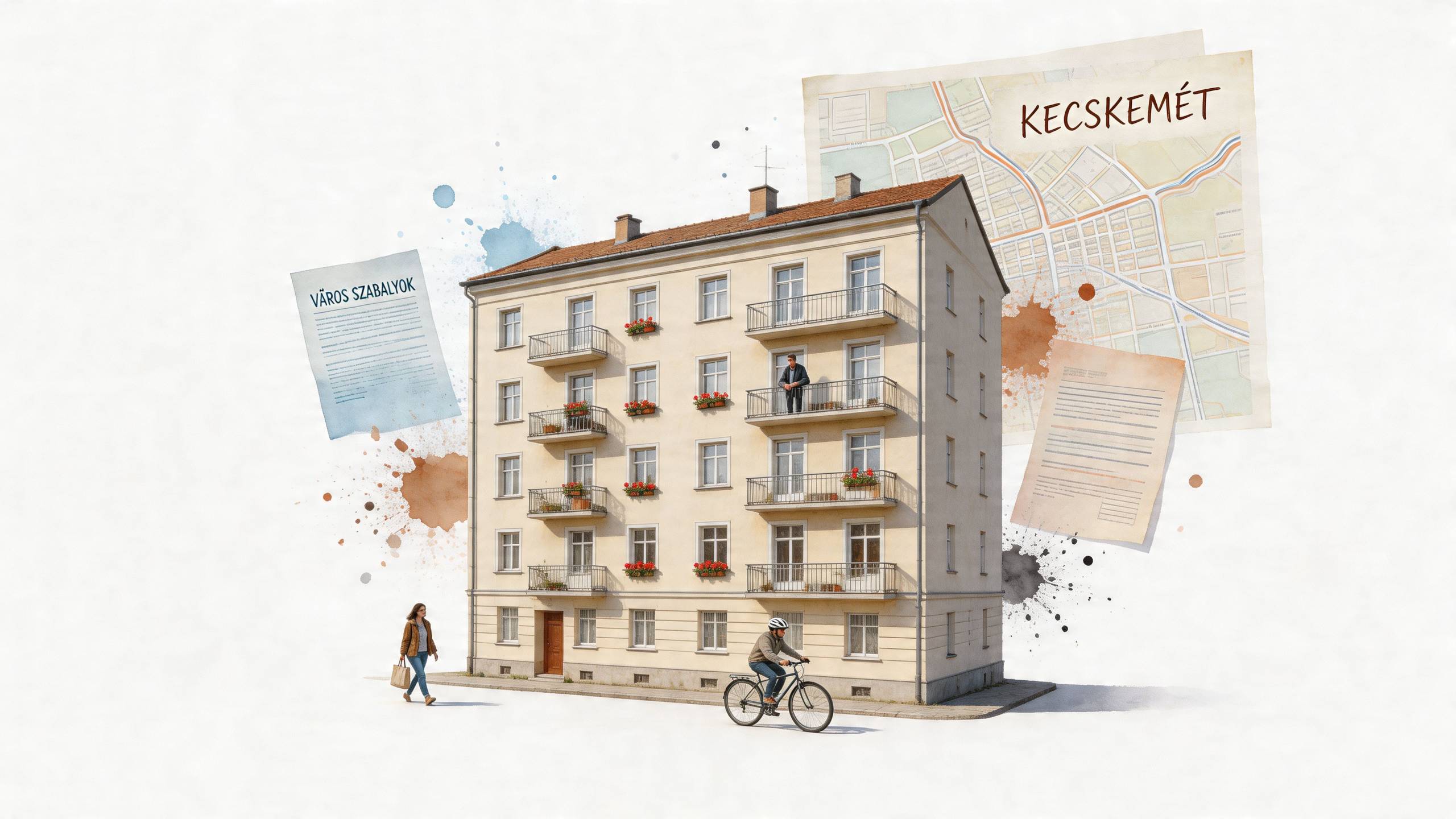 Egy társasház látványterve Kecskemét térképpel, építészeti előírásokkal, gyalogos nővel és kerékpáros férfival az utcafronton.