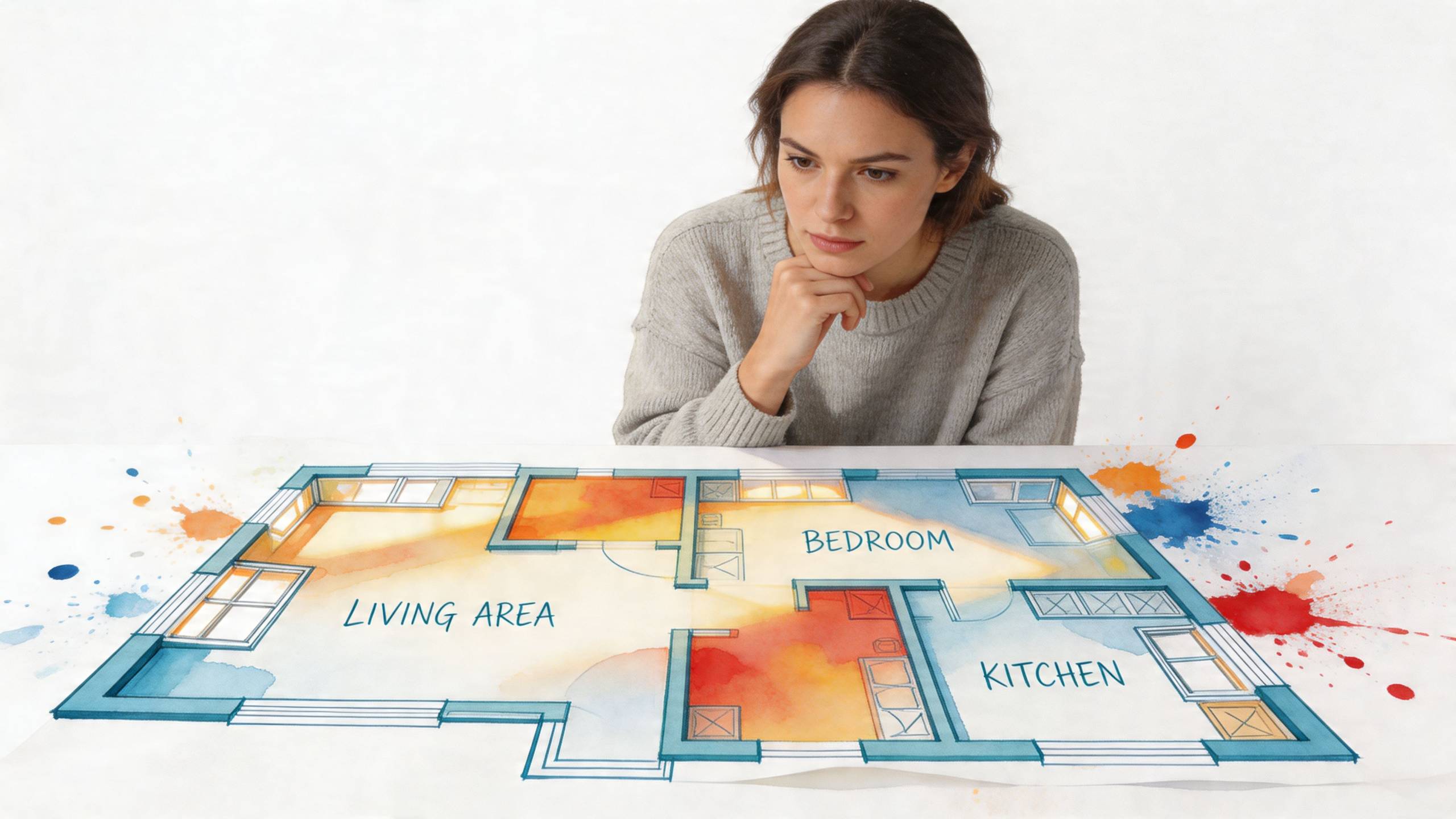 Egy fiatal nő a lakása alaprajzát vizsgálja, hogy megtervezze a klíma elhelyezését az egyes helyiségekben.