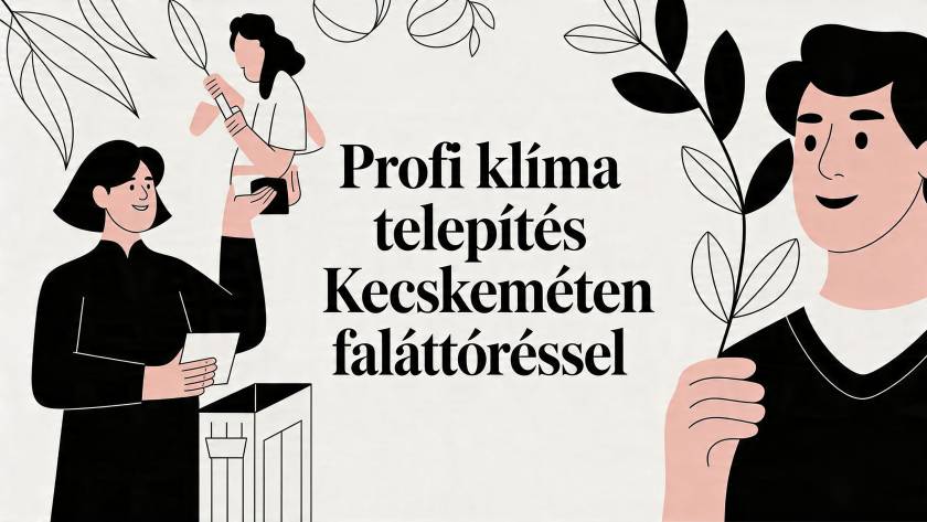 Illustration of a teamwork scene installing climate equipment with a bold Hungarian headline about professional AC installation in Kecskemét.